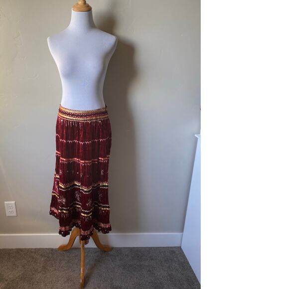 Chaudry KC Boho Red Tiered Sequin Floral Embroidered Velvet Midi Skirt- Sz Large - Picture 9 of 13